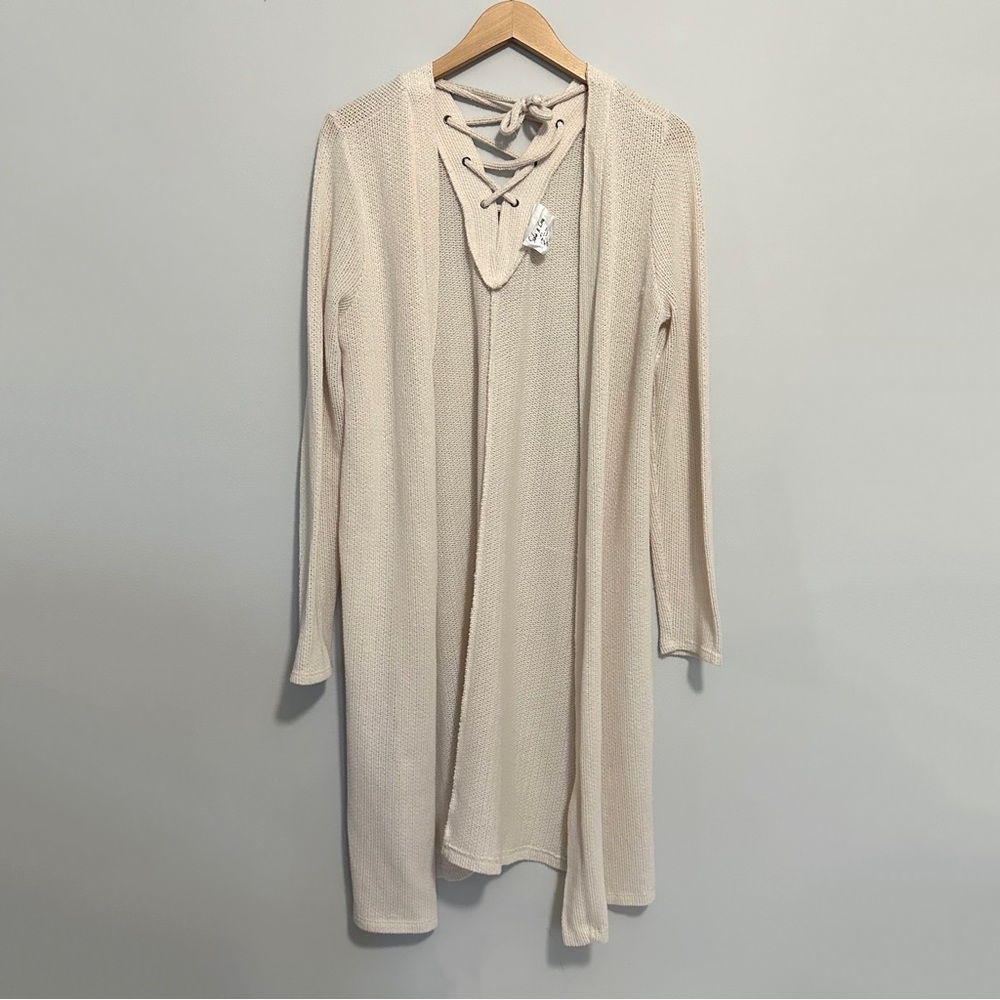 Sadie & Love Cream Open Knit Duster Cardigan Lace-Up Detail Women's Size XL